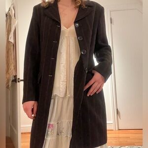 Black Long Wool Blazer Jacket with Red Stripe Detail